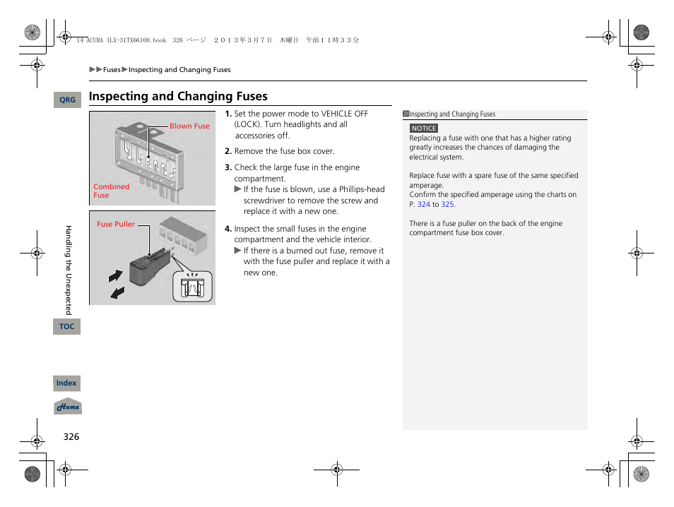 2 inspecting and changing fuses p. 326, Inspecting and changing fuses | Acura 2014 ILX User Manual | Page 327 / 351