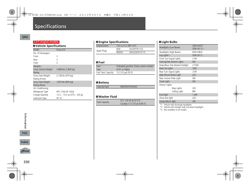 Specifications, Ications, P. 330 | 2 specifications p. 330 | Acura 2014 ILX User Manual | Page 331 / 351