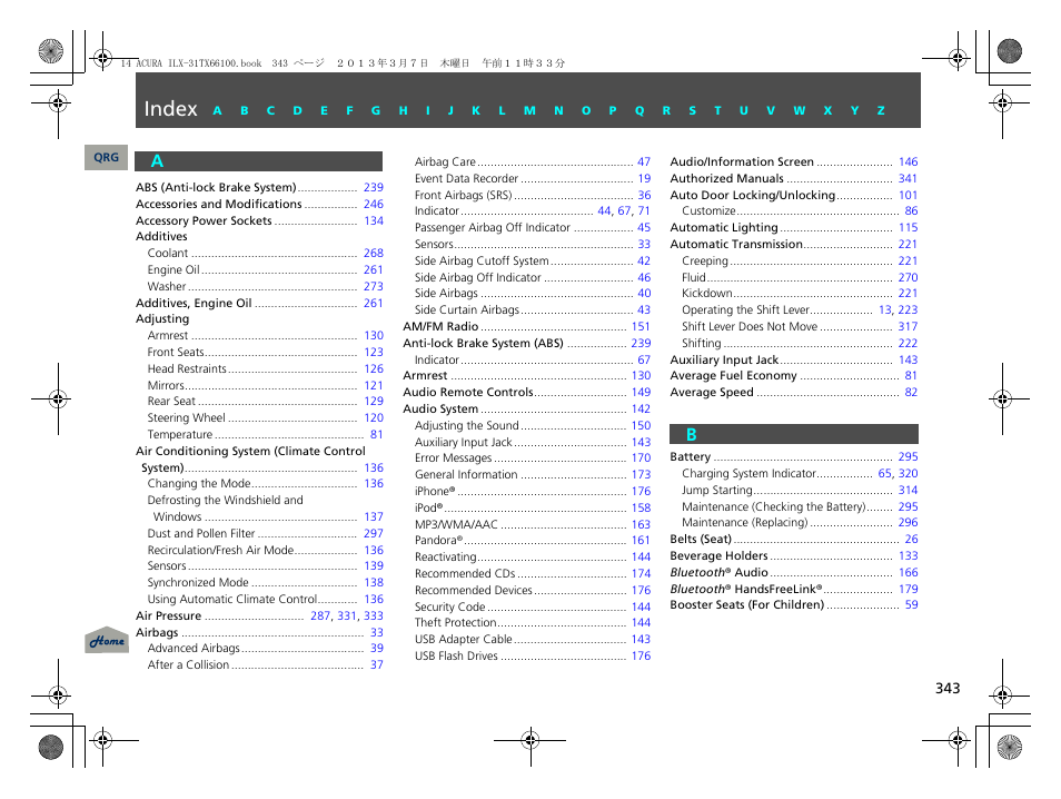 Index, A - b, P. 343 | Acura 2014 ILX User Manual | Page 344 / 351