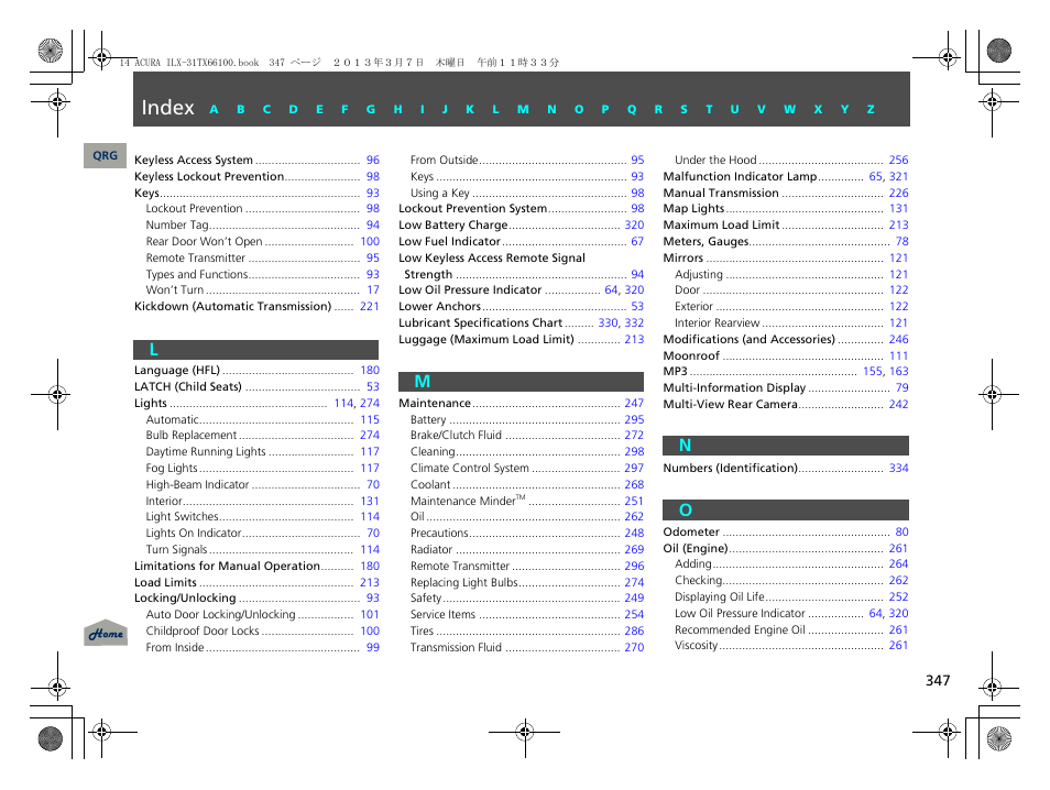 L - o, Index, Lm n o | Acura 2014 ILX User Manual | Page 348 / 351