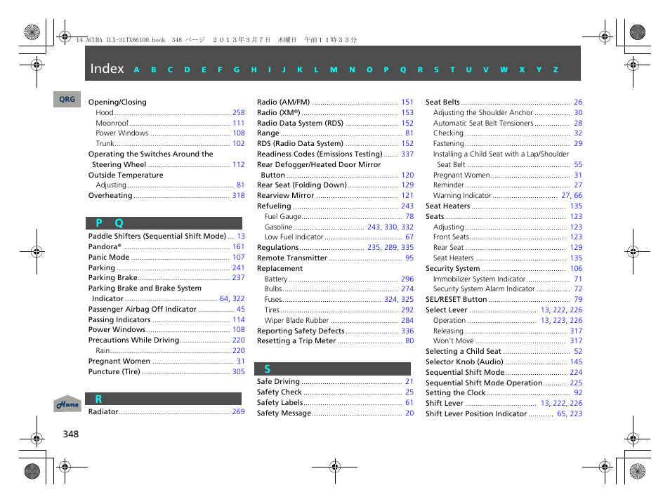 P - s, Index, P q r s | Acura 2014 ILX User Manual | Page 349 / 351