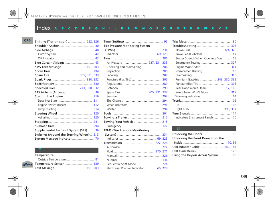 T - u, Index | Acura 2014 ILX User Manual | Page 350 / 351