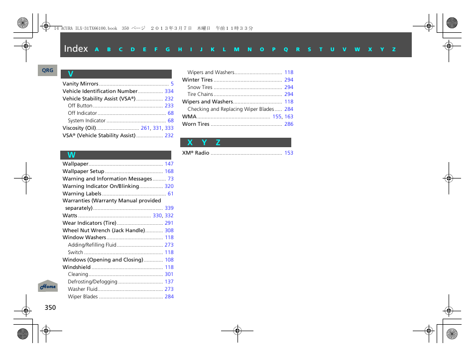 V - z, Index, Vw x y z | Acura 2014 ILX User Manual | Page 351 / 351