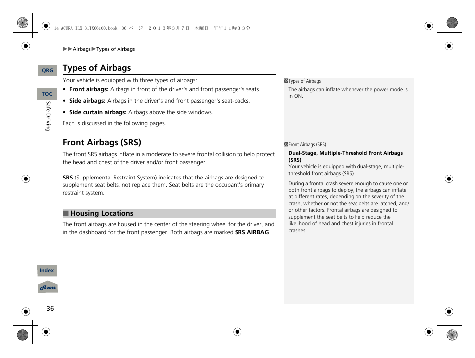 Rbag, P 36), Types of airbags | Front airbags (srs) | Acura 2014 ILX User Manual | Page 37 / 351