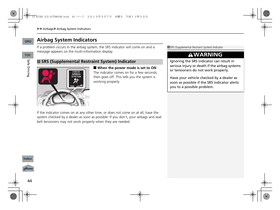 Warning, Airbag system indicators | Acura 2014 ILX User Manual | Page 45 / 351