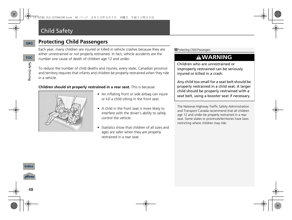 Child safety, P. 48, P 48) | 2 child safety p. 48, Warning, Protecting child passengers | Acura 2014 ILX User Manual | Page 49 / 351