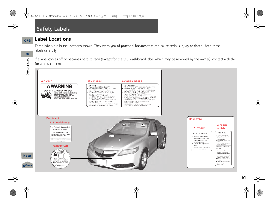 Safety labels, P. 61, Label locations | Acura 2014 ILX User Manual | Page 62 / 351