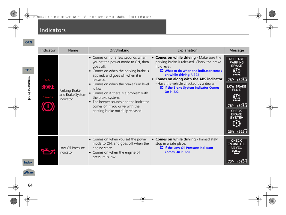 Indicators, P. 64, P 64) | Acura 2014 ILX User Manual | Page 65 / 351