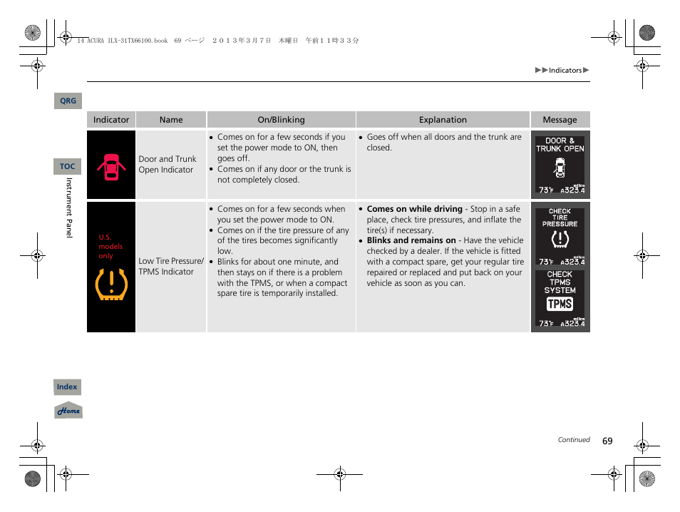 2 door and trunk open indicator p. 69 | Acura 2014 ILX User Manual | Page 70 / 351