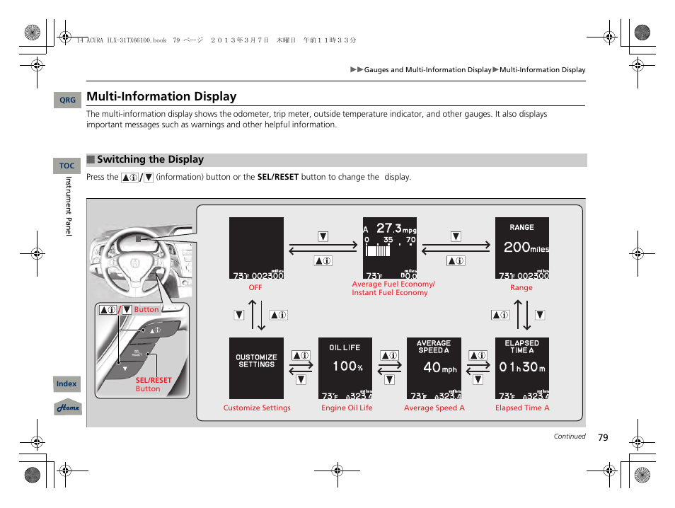 P 79), System indicators, Multi-information display | Acura 2014 ILX User Manual | Page 80 / 351