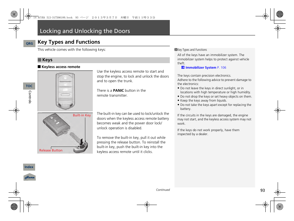 Locking and unlocking the doors, P. 93, Key types and functions | Acura 2014 ILX User Manual | Page 94 / 351