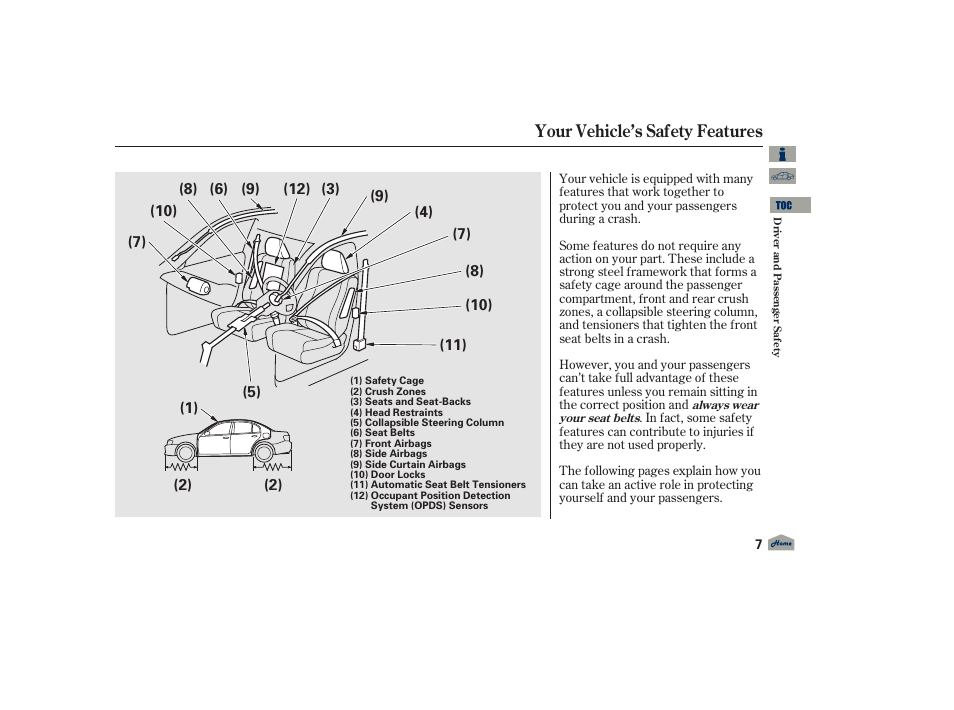 Your vehicle’s safety features | Acura 2012 TL User Manual | Page 11 / 650