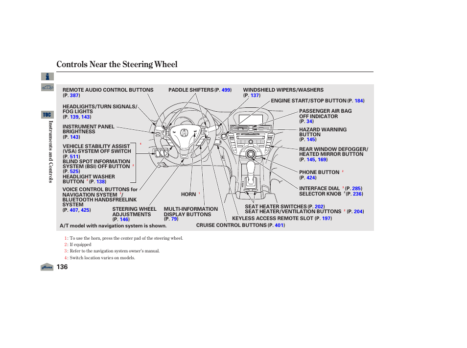 Controls near the steering wheel, 2012 tl | Acura 2012 TL User Manual | Page 140 / 650