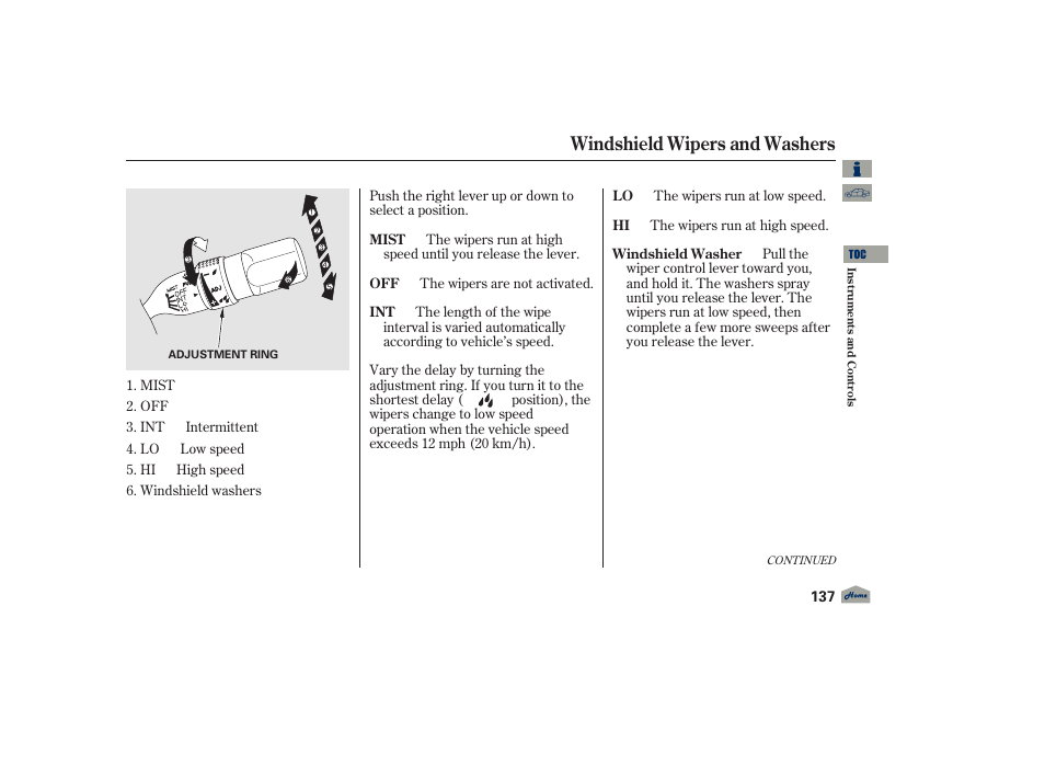 Windshield wipers and washers | Acura 2012 TL User Manual | Page 141 / 650