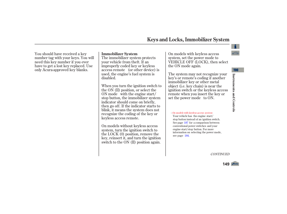 Keys and locks, immobilizer system, 2012 tl | Acura 2012 TL User Manual | Page 153 / 650