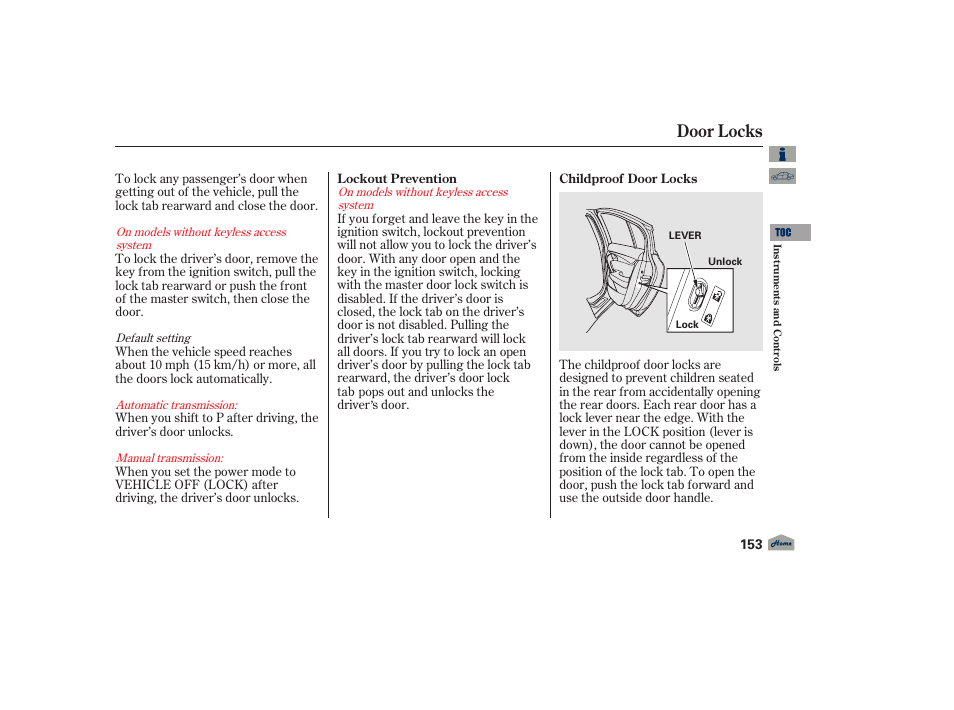 Door locks, 2012 tl | Acura 2012 TL User Manual | Page 157 / 650