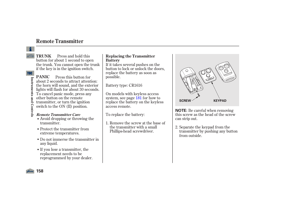 Remote transmitter | Acura 2012 TL User Manual | Page 162 / 650