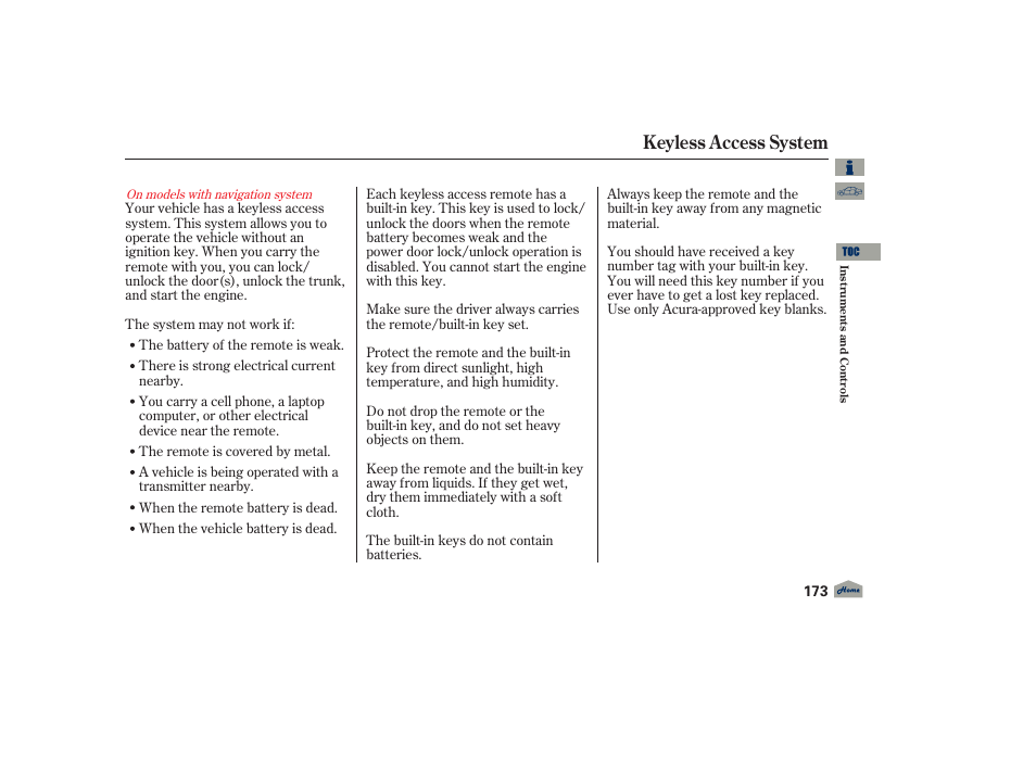 Keyless access system | Acura 2012 TL User Manual | Page 177 / 650