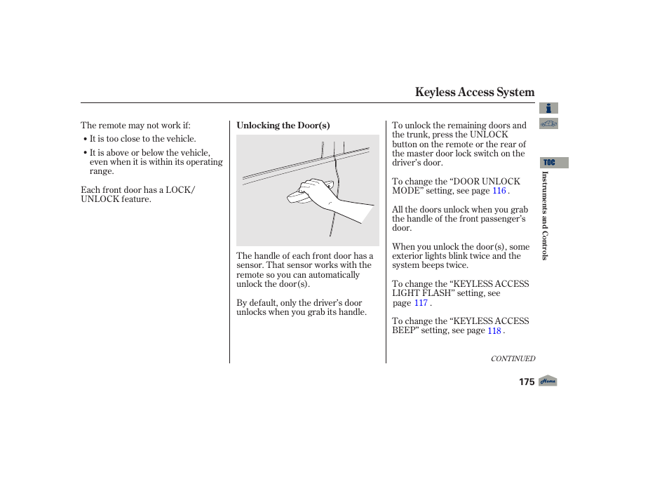 Keyless access system | Acura 2012 TL User Manual | Page 179 / 650