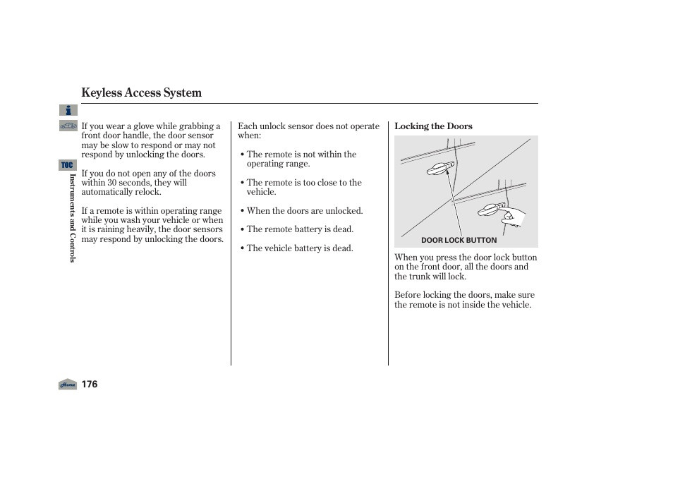 Keyless access system, 2012 tl | Acura 2012 TL User Manual | Page 180 / 650