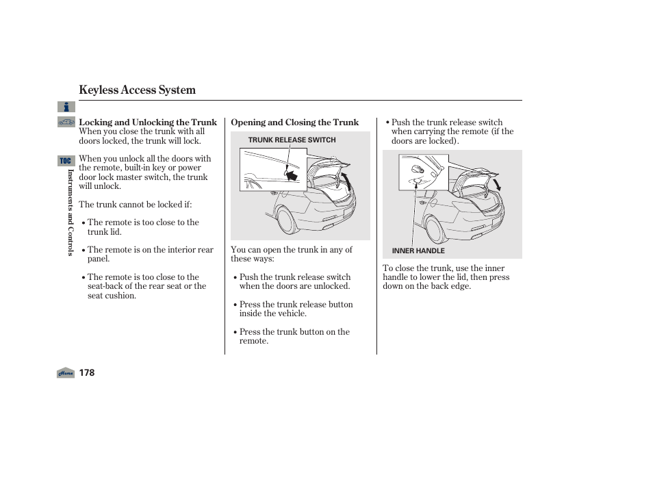 Keyless access system, 2012 tl | Acura 2012 TL User Manual | Page 182 / 650