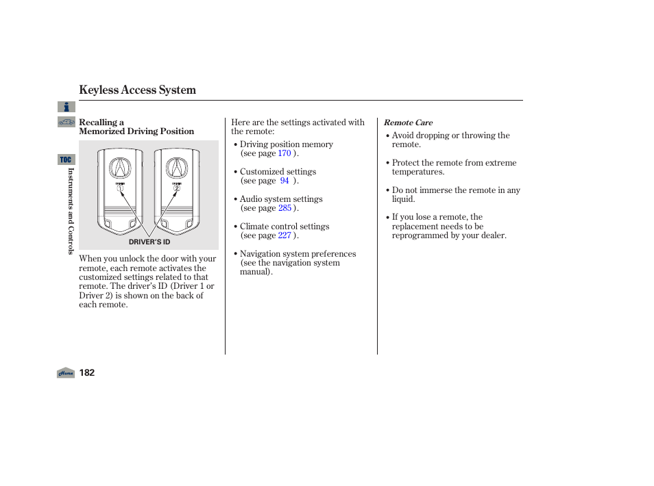 Keyless access system | Acura 2012 TL User Manual | Page 186 / 650