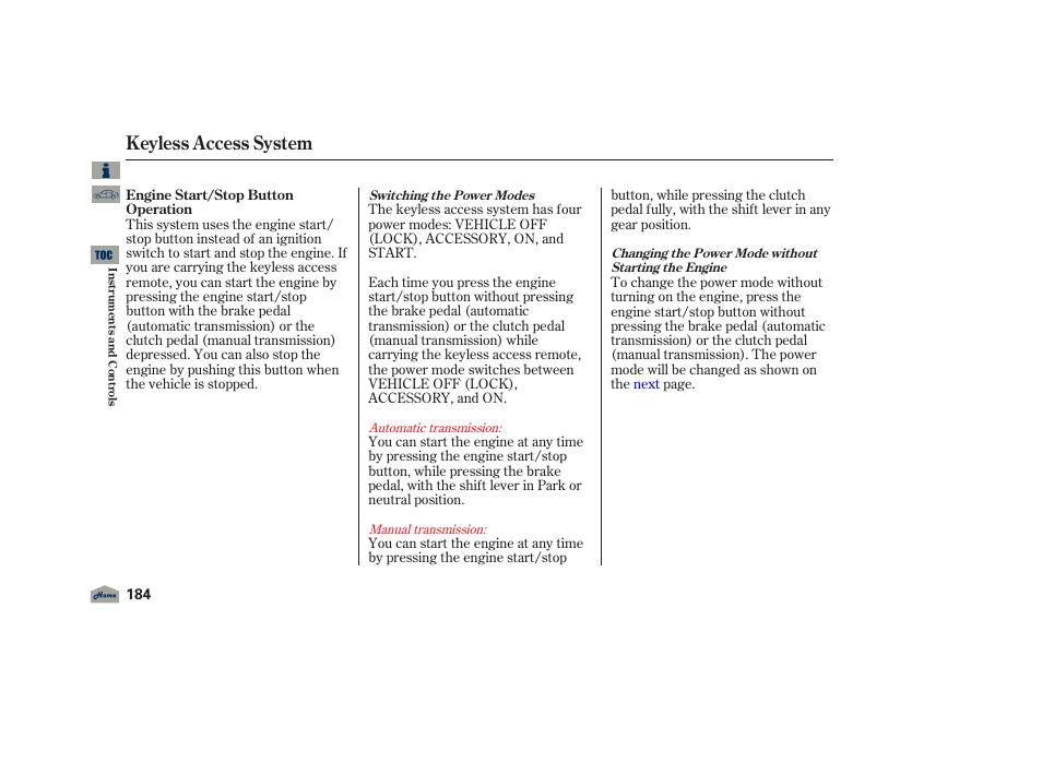 Keyless access system, 2012 tl | Acura 2012 TL User Manual | Page 188 / 650