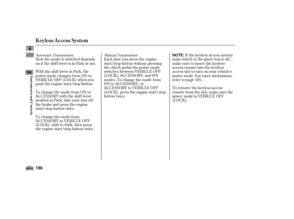 Keyless access system, 2012 tl | Acura 2012 TL User Manual | Page 190 / 650
