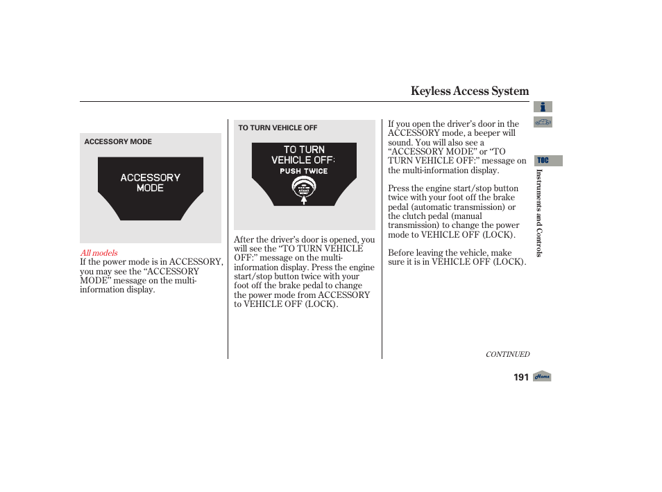 Keyless access system, 2012 tl | Acura 2012 TL User Manual | Page 195 / 650