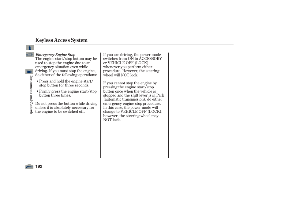 Keyless access system, 2012 tl | Acura 2012 TL User Manual | Page 196 / 650