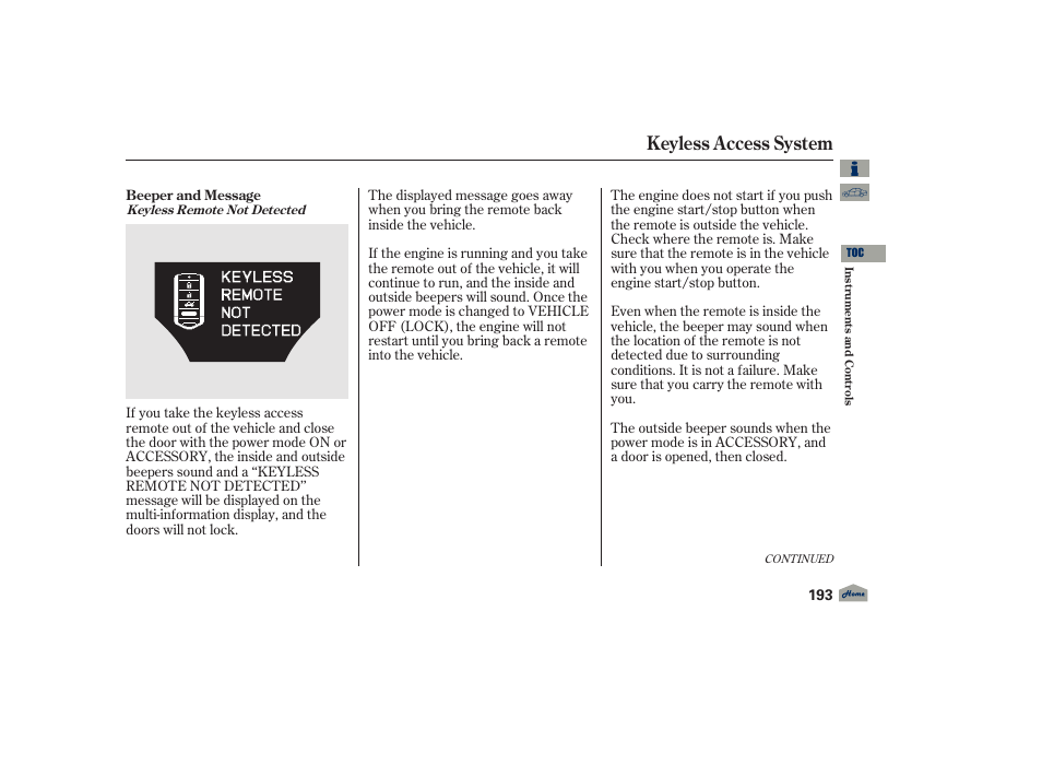 Keyless access system, 2012 tl | Acura 2012 TL User Manual | Page 197 / 650
