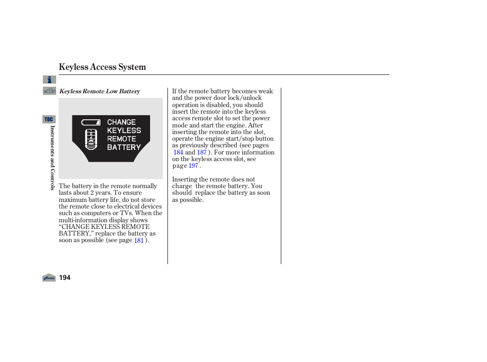 Keyless access system, 2012 tl | Acura 2012 TL User Manual | Page 198 / 650