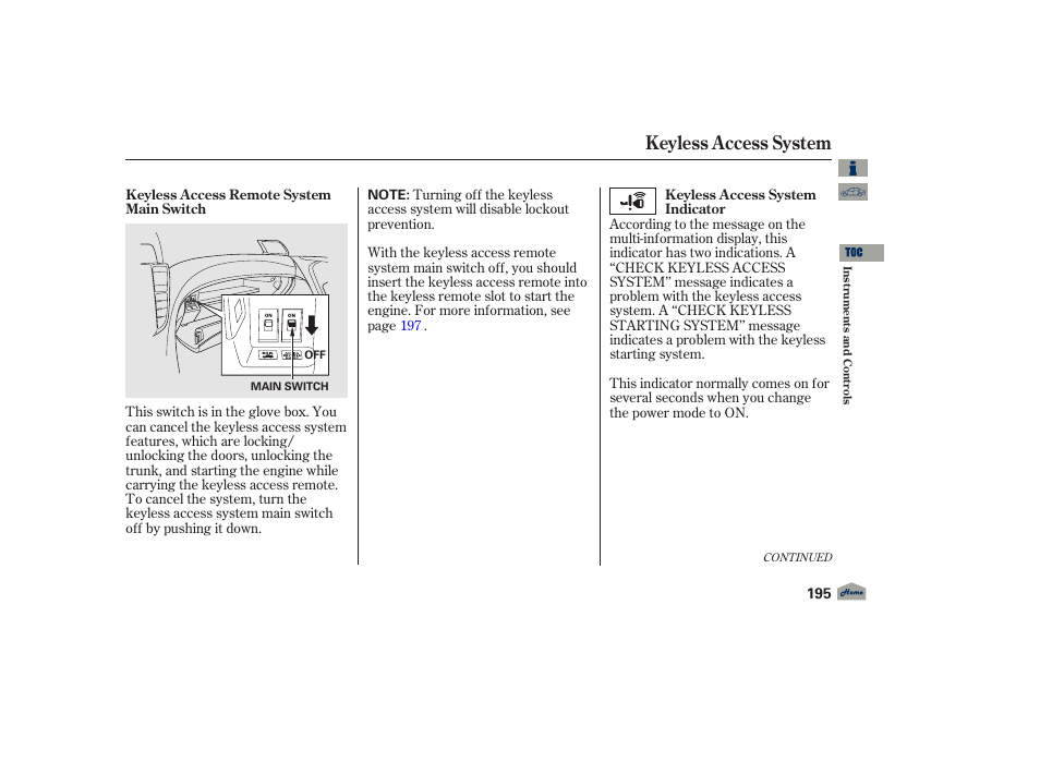 Keyless access system, 2012 tl | Acura 2012 TL User Manual | Page 199 / 650