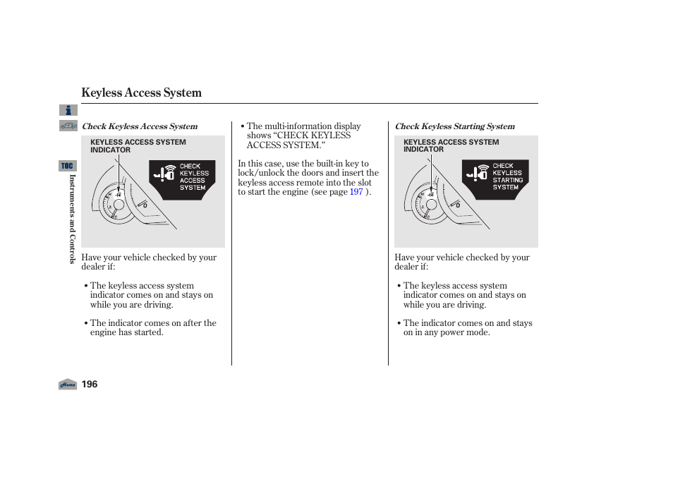 Keyless access system, 2012 tl | Acura 2012 TL User Manual | Page 200 / 650