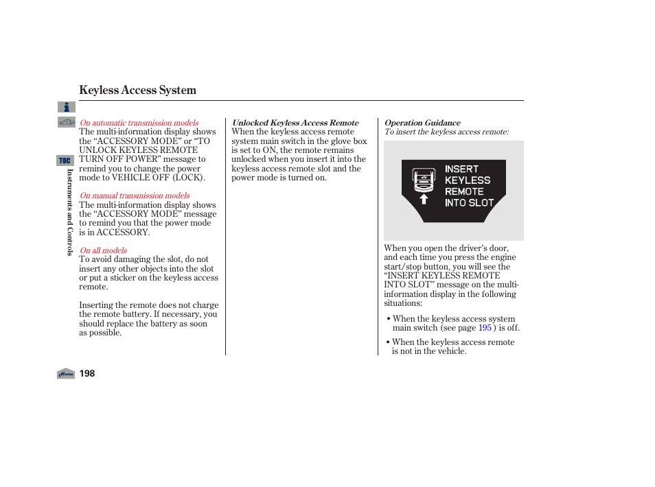 Keyless access system, 2012 tl | Acura 2012 TL User Manual | Page 202 / 650