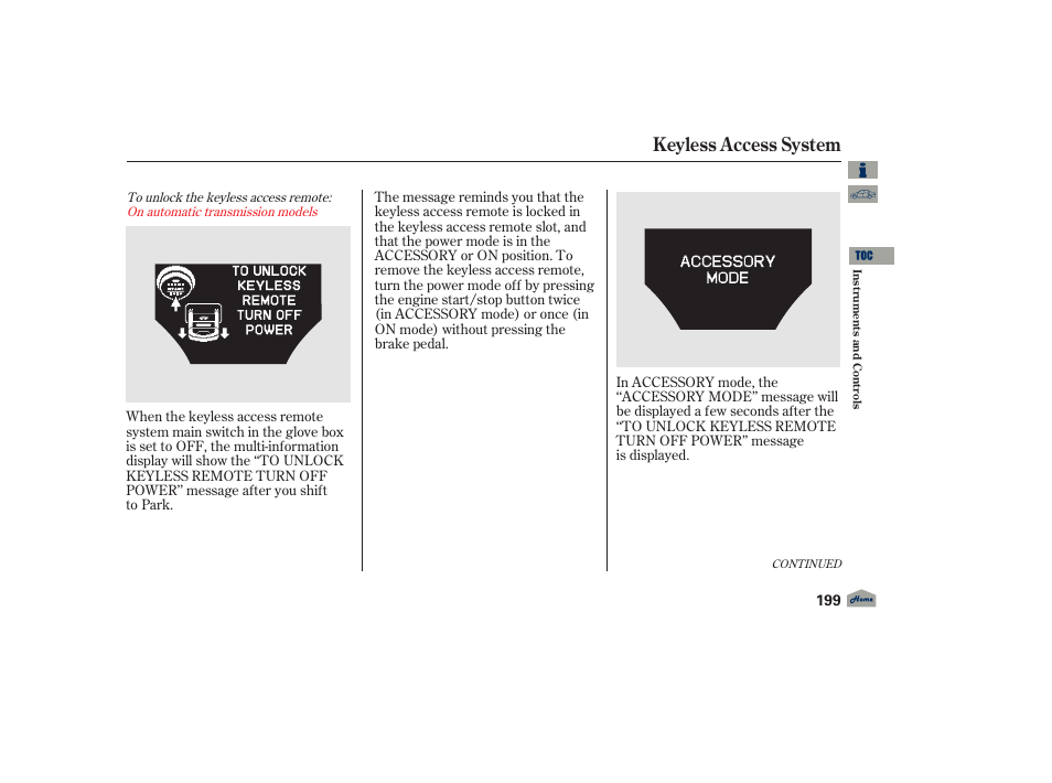 Keyless access system, 2012 tl | Acura 2012 TL User Manual | Page 203 / 650