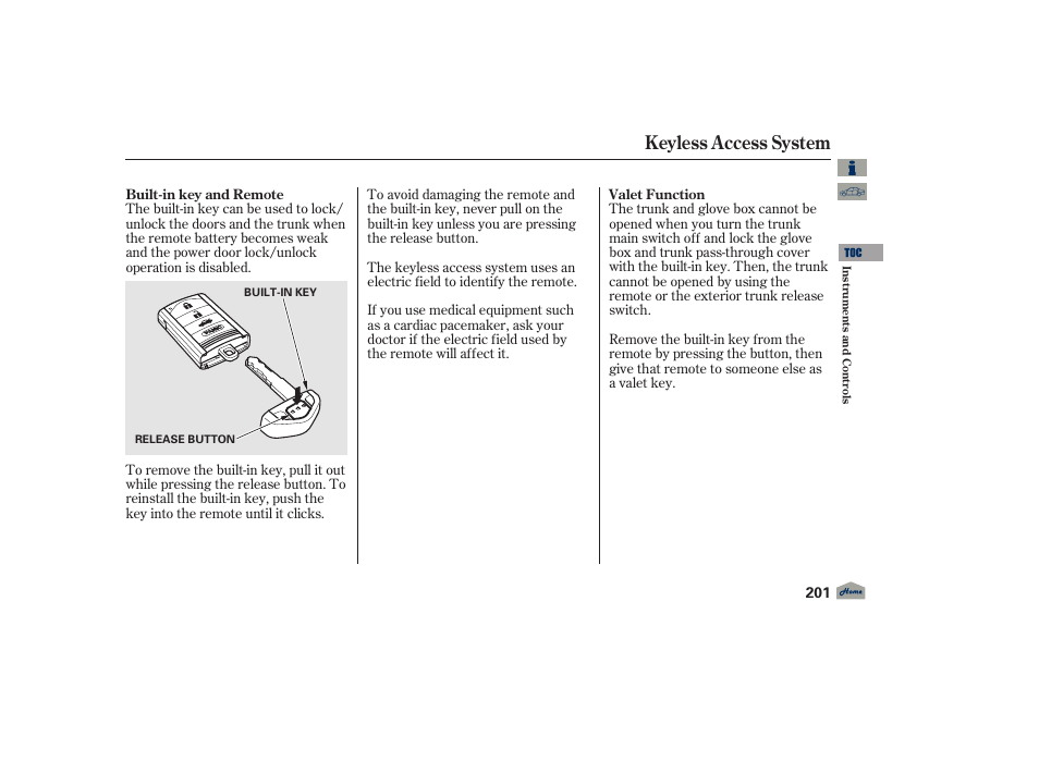 Keyless access system, 2012 tl | Acura 2012 TL User Manual | Page 205 / 650