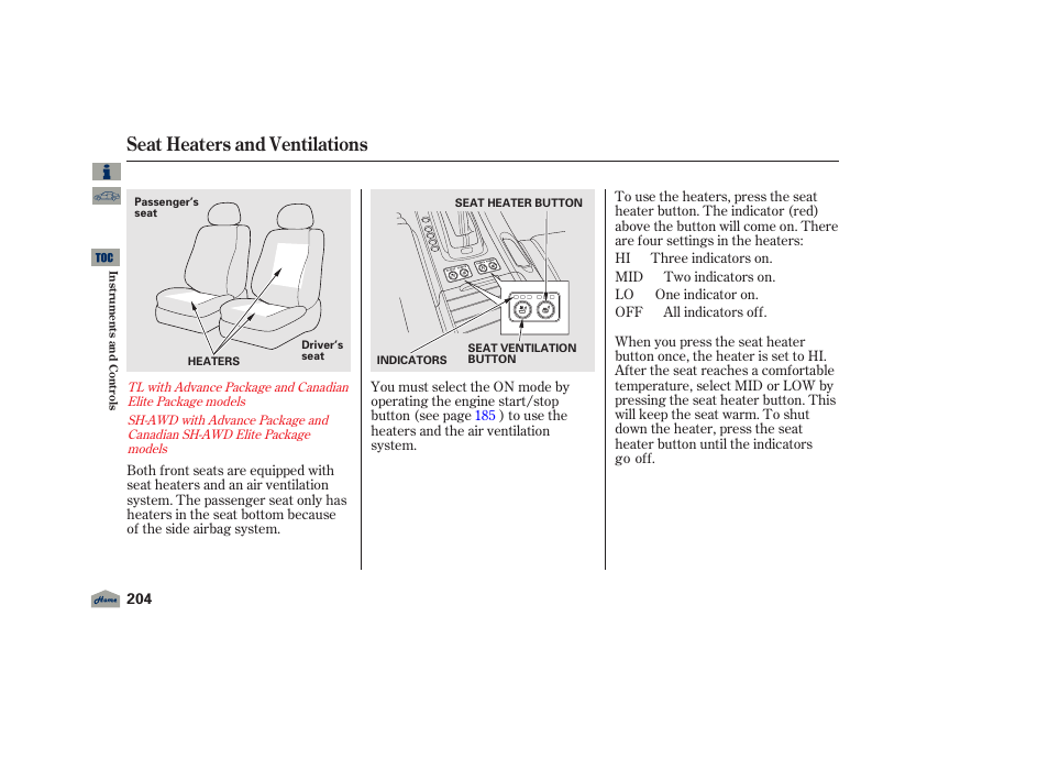 Seat heaters and ventilations, 2012 tl | Acura 2012 TL User Manual | Page 208 / 650