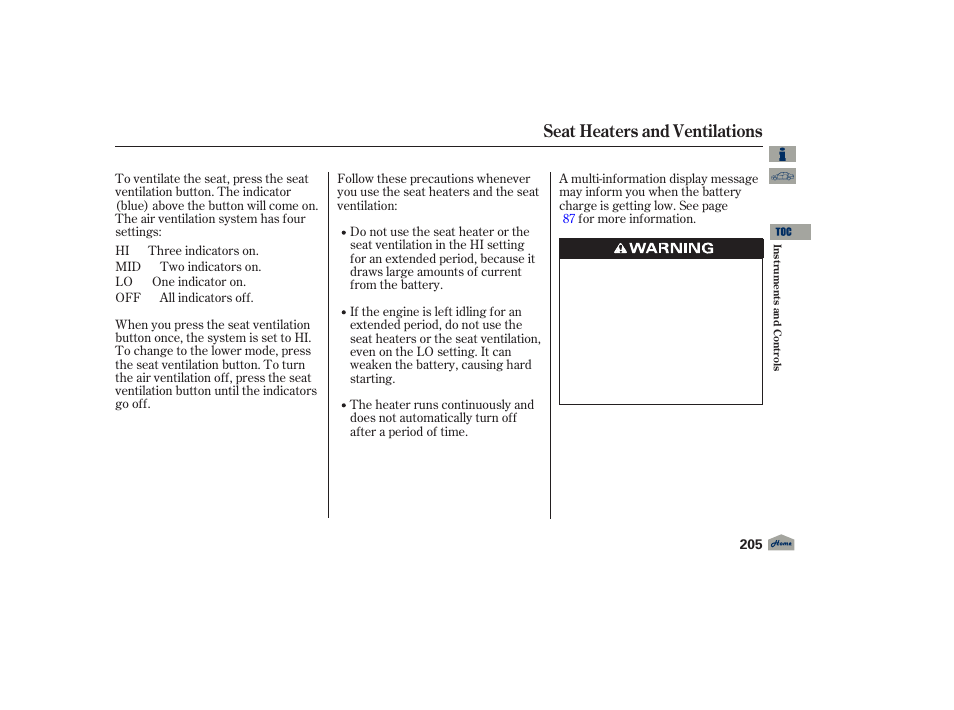 Seat heaters and ventilations | Acura 2012 TL User Manual | Page 209 / 650