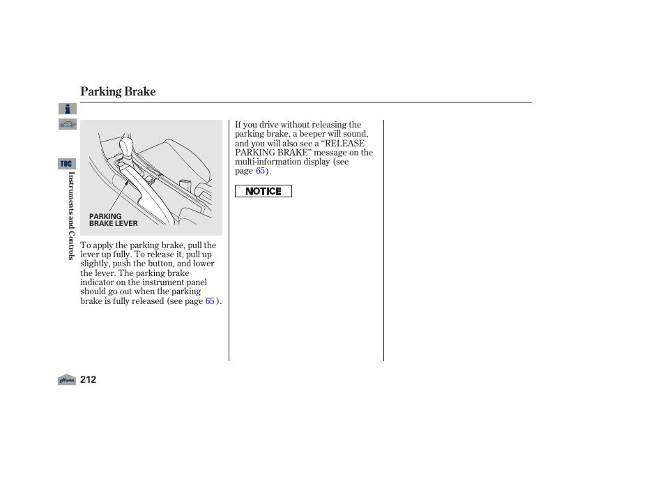 Parking brake, 2012 tl | Acura 2012 TL User Manual | Page 216 / 650