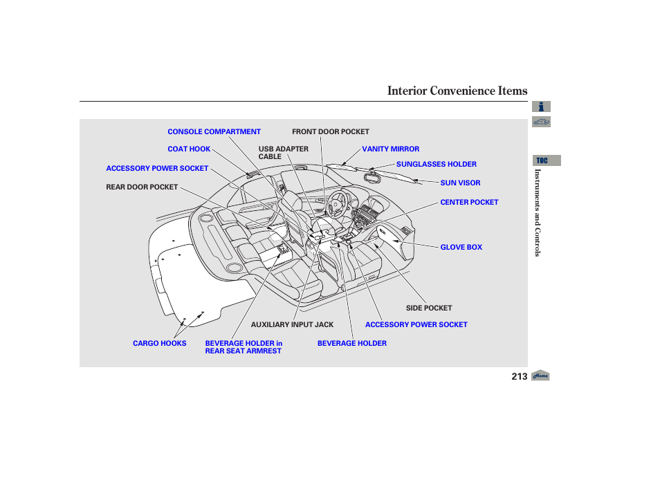 Interior convenience items, 2012 tl | Acura 2012 TL User Manual | Page 217 / 650