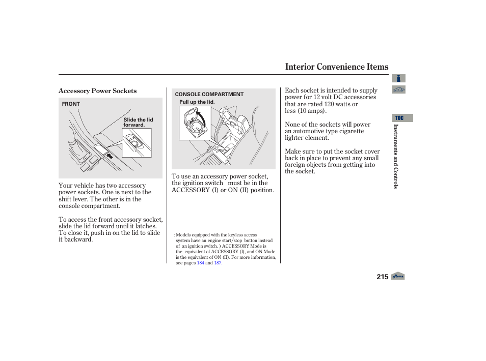 Accessory power socket, Interior convenience items, 2012 tl | Acura 2012 TL User Manual | Page 219 / 650