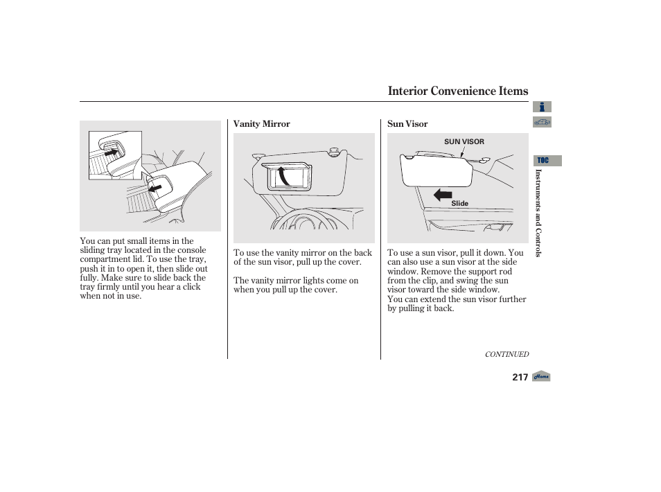 Sun visor, Vanity mirror, Interior convenience items | 2012 tl | Acura 2012 TL User Manual | Page 221 / 650