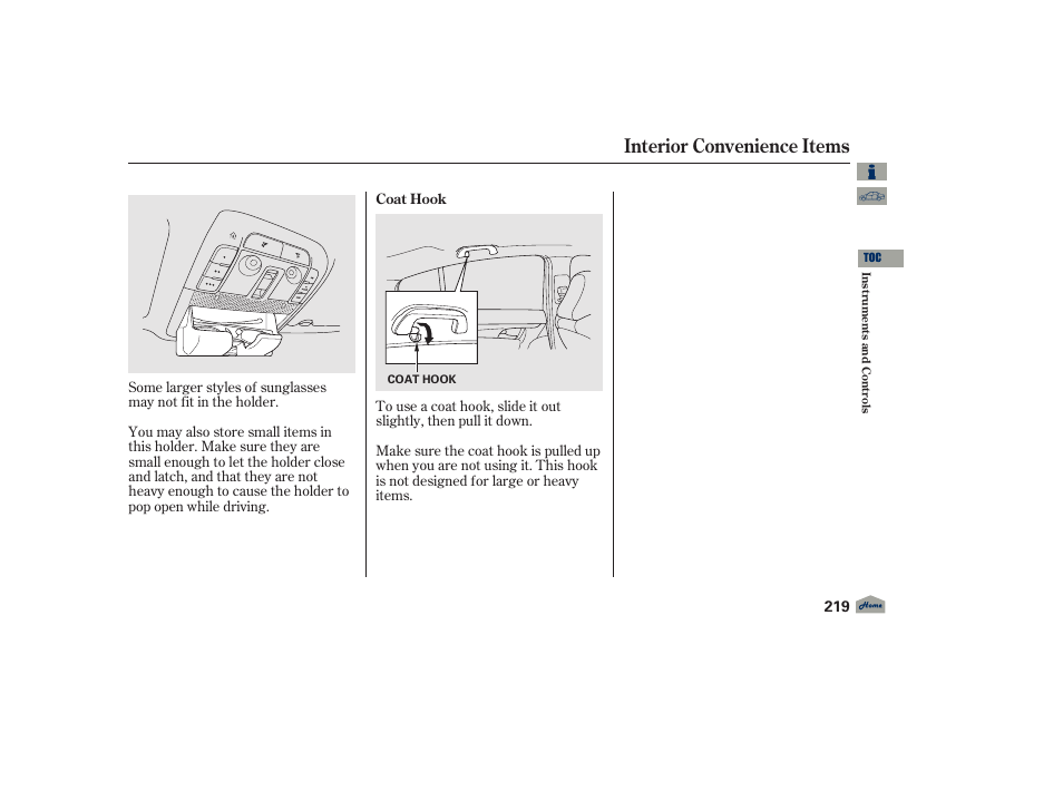 Coat hook, Interior convenience items, 2012 tl | Acura 2012 TL User Manual | Page 223 / 650