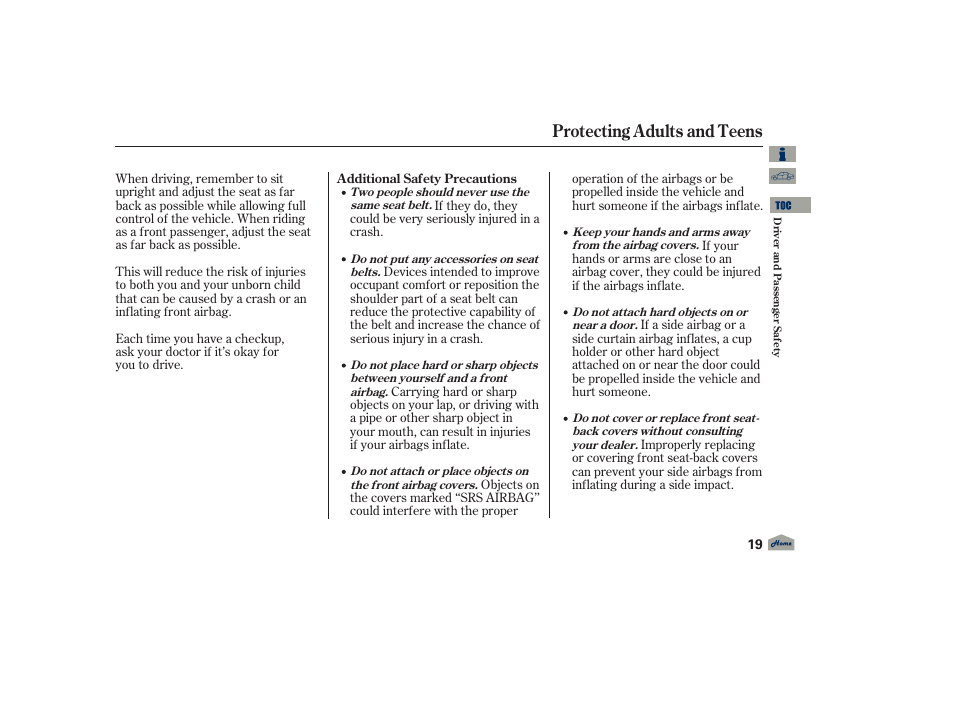 Protecting adults and teens | Acura 2012 TL User Manual | Page 23 / 650