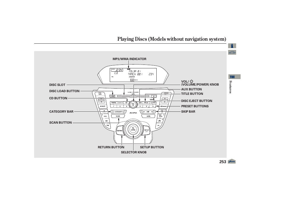 Playing discs (models without navigation system), 2012 tl | Acura 2012 TL User Manual | Page 257 / 650