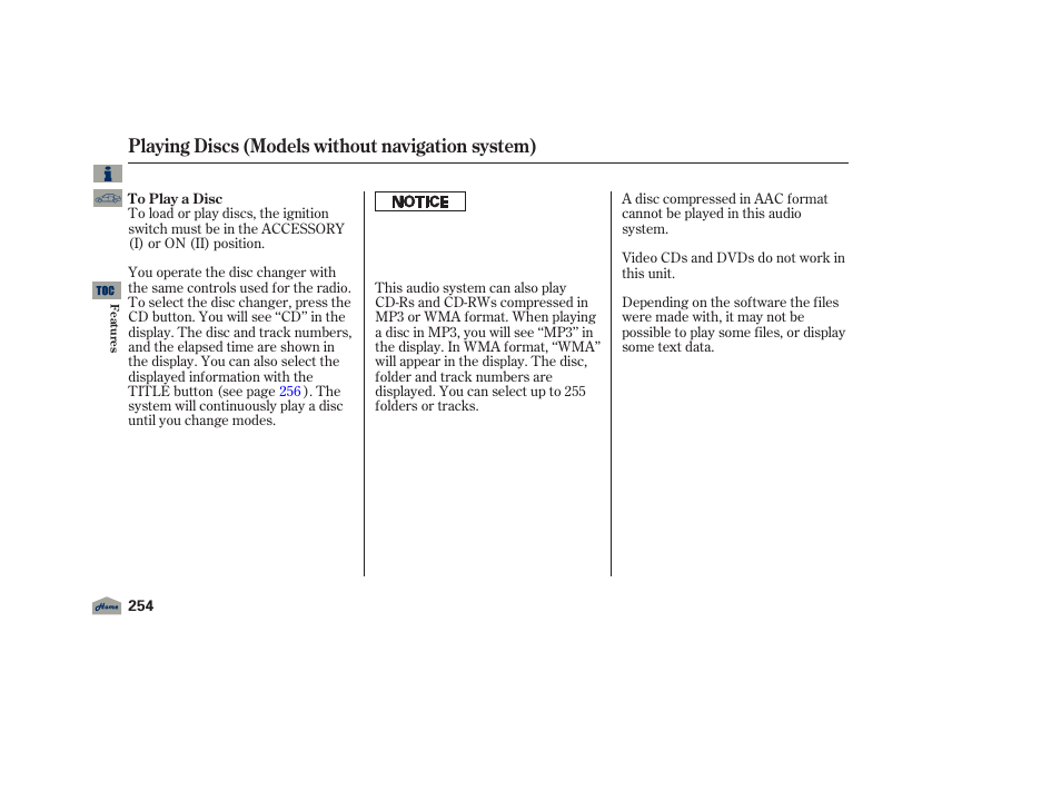 Playing discs (models without navigation system) | Acura 2012 TL User Manual | Page 258 / 650