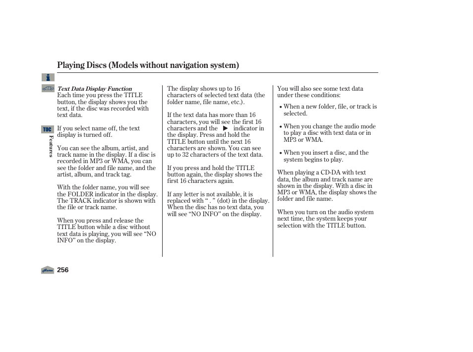 Playing discs (models without navigation system) | Acura 2012 TL User Manual | Page 260 / 650