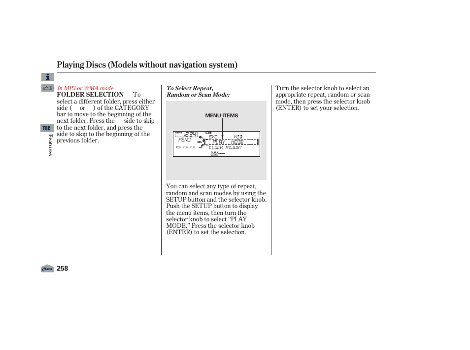 Playing discs (models without navigation system) | Acura 2012 TL User Manual | Page 262 / 650