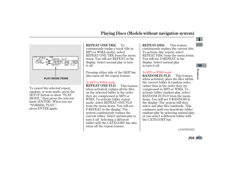 Playing discs (models without navigation system) | Acura 2012 TL User Manual | Page 263 / 650